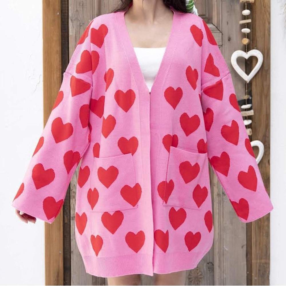 Pink Heart Print Cardigan